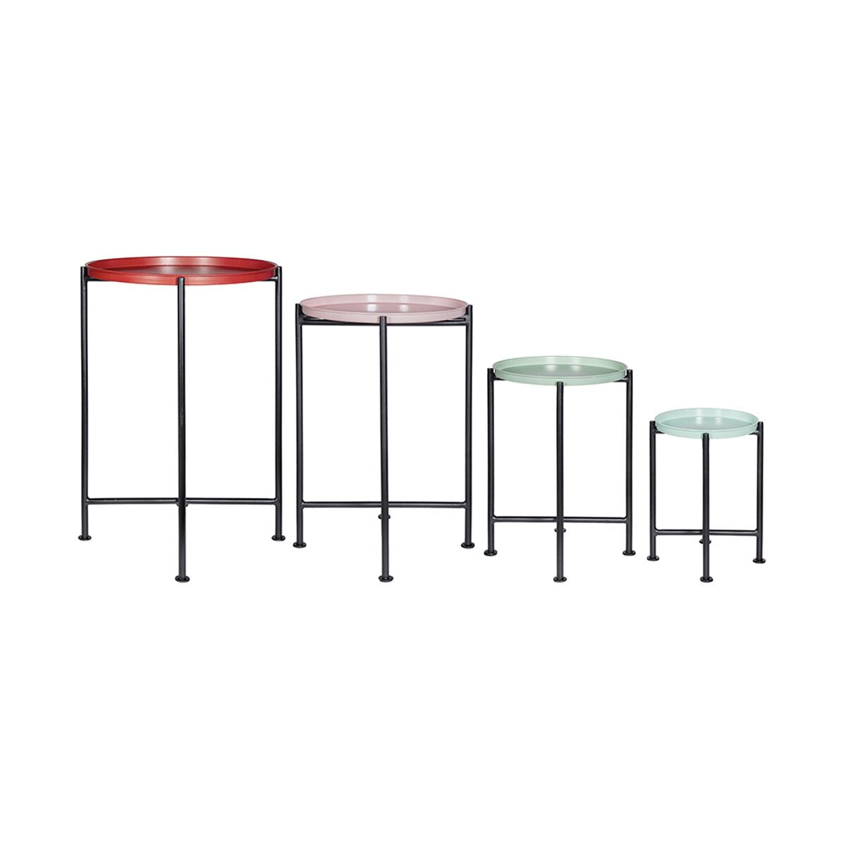 Set of four round side tables with colored tops on a white background