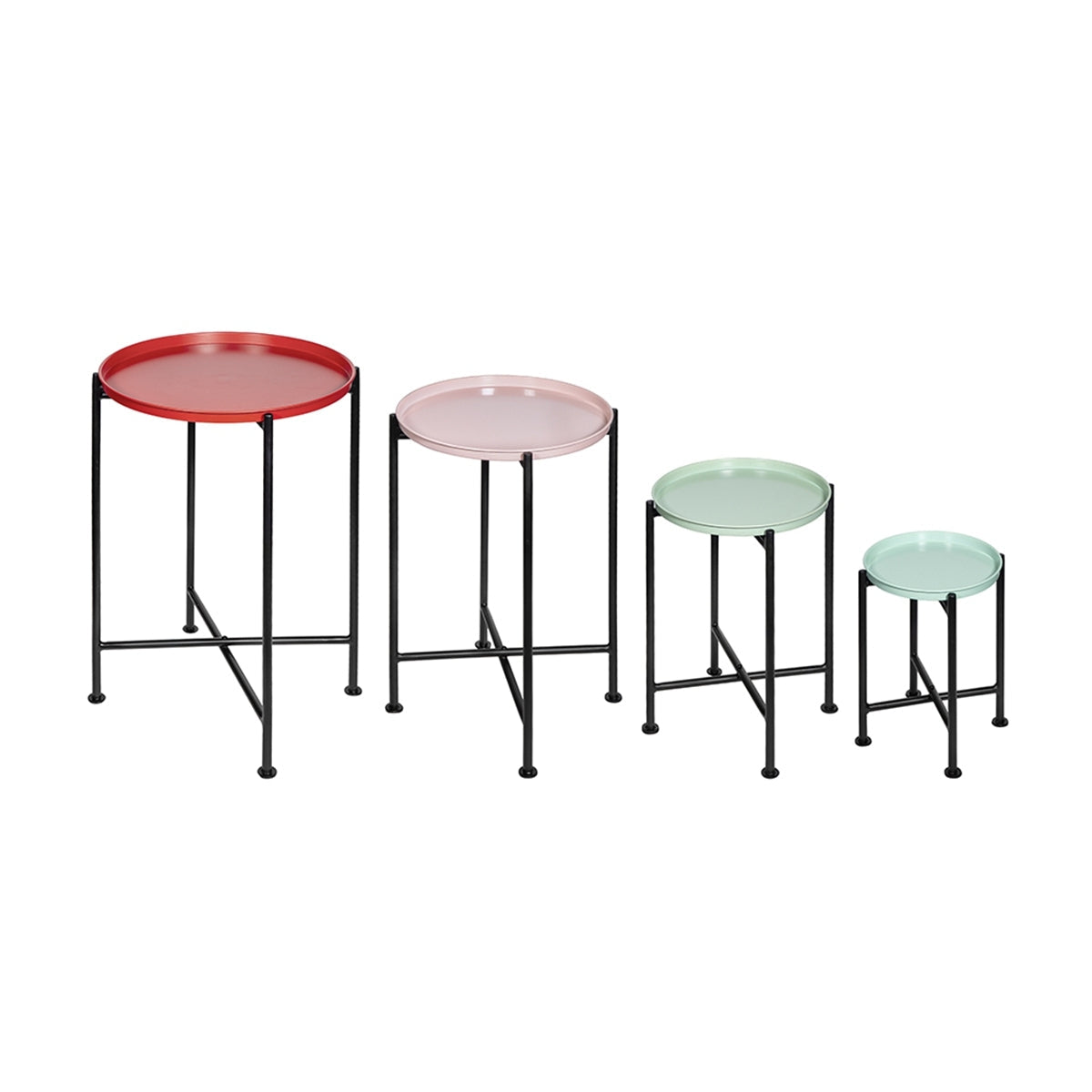 Set of four small round tables with colorful trays on a white background