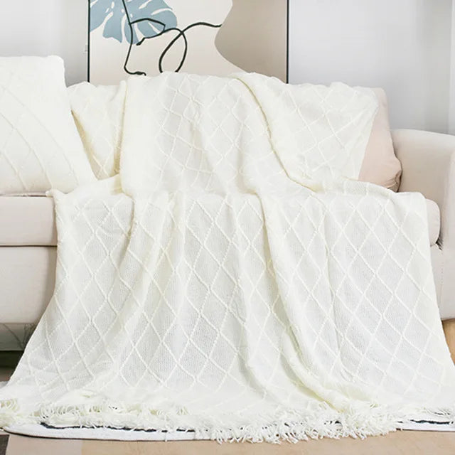 Nordic Knitted Throw Blanket with Tassels