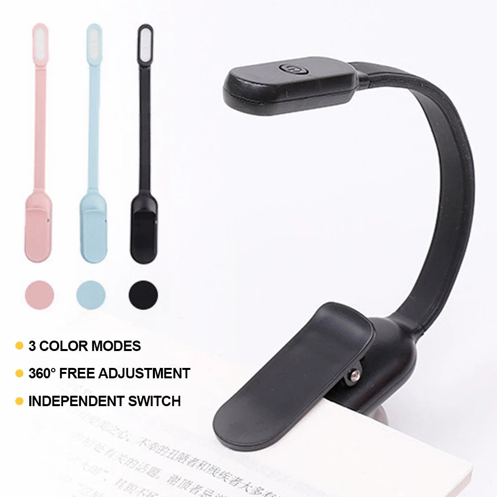 Mini LED Book Night 3 Brightness Adjustable USB Rechargeable Clip-On Study Reading Lamp for Travel Bedroom Dormitory Reading