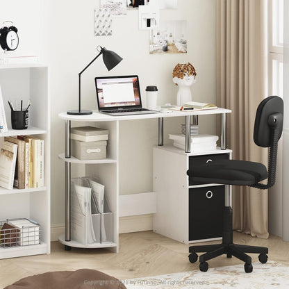 Simplistic Computer Desk White Oak With Storage, built-in side shelf and two non-woven bins.