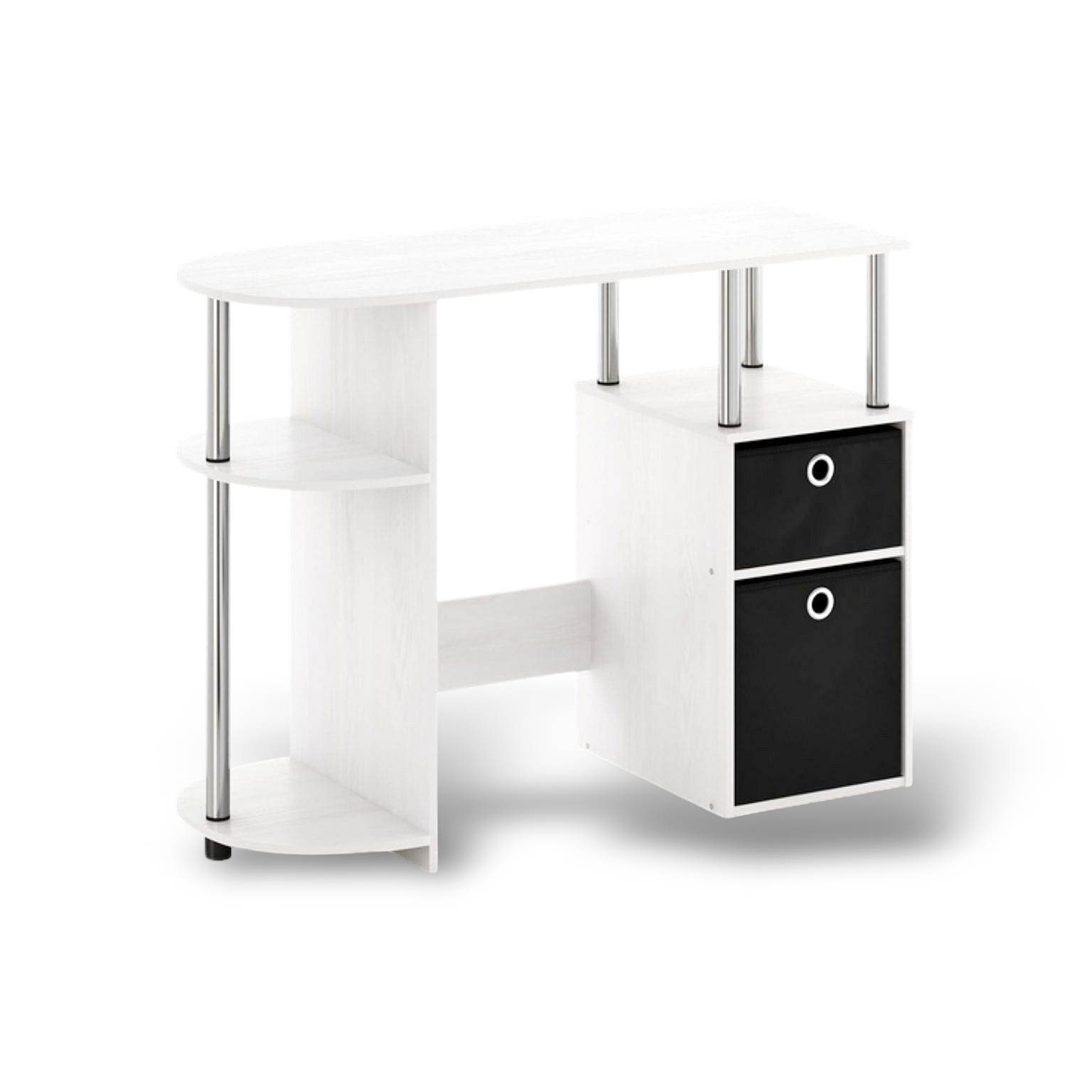 Simplistic Computer Desk White Oak With Storage featuring a built-in side shelf and a two-drawer cabinet