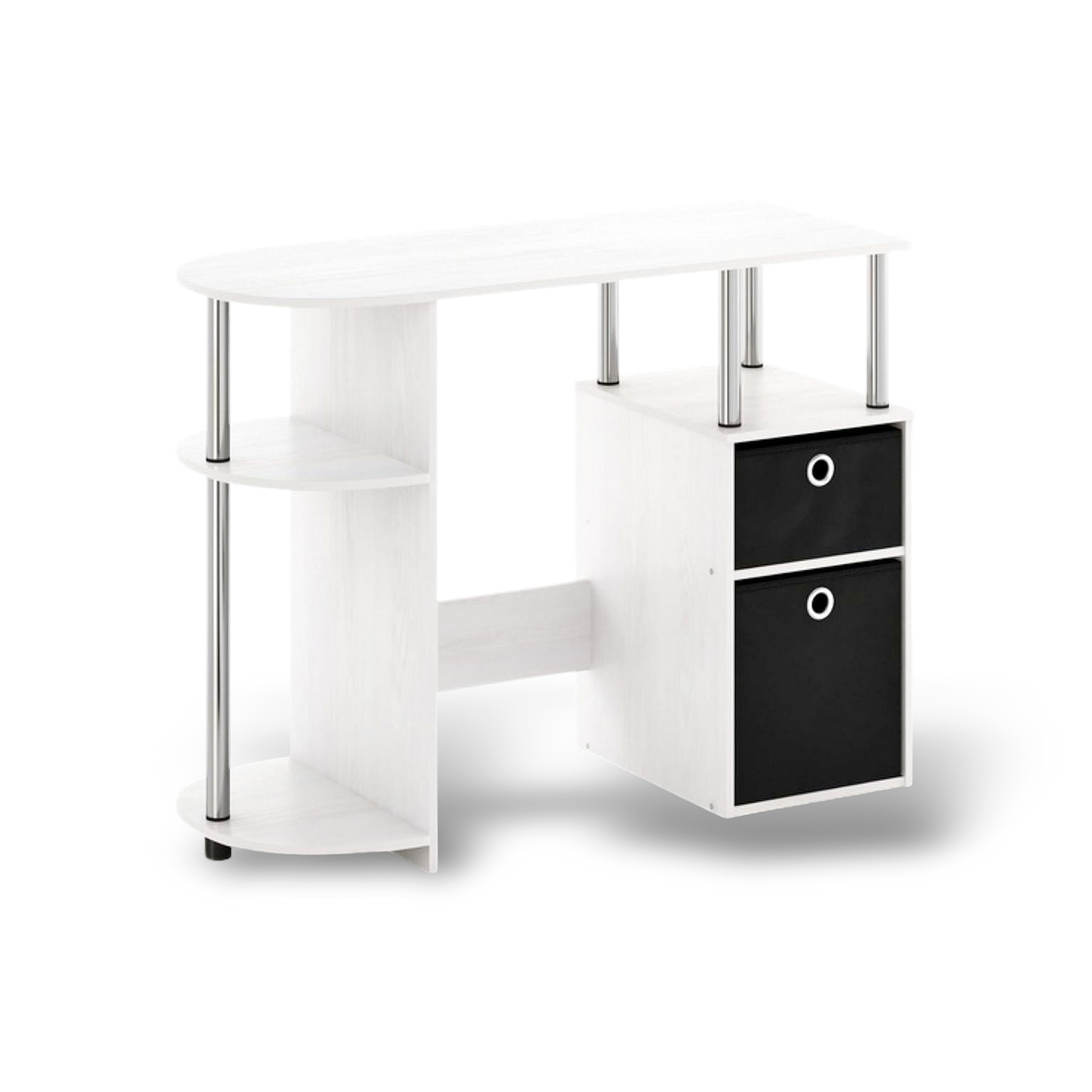 Simplistic Computer Desk White Oak With Storage featuring a built-in side shelf and a two-drawer cabinet