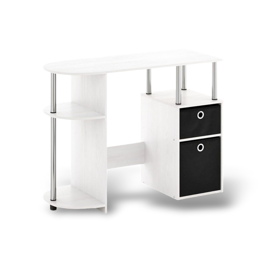 Simplistic Computer Desk White Oak With Storage featuring a built-in side shelf and a two-drawer cabinet