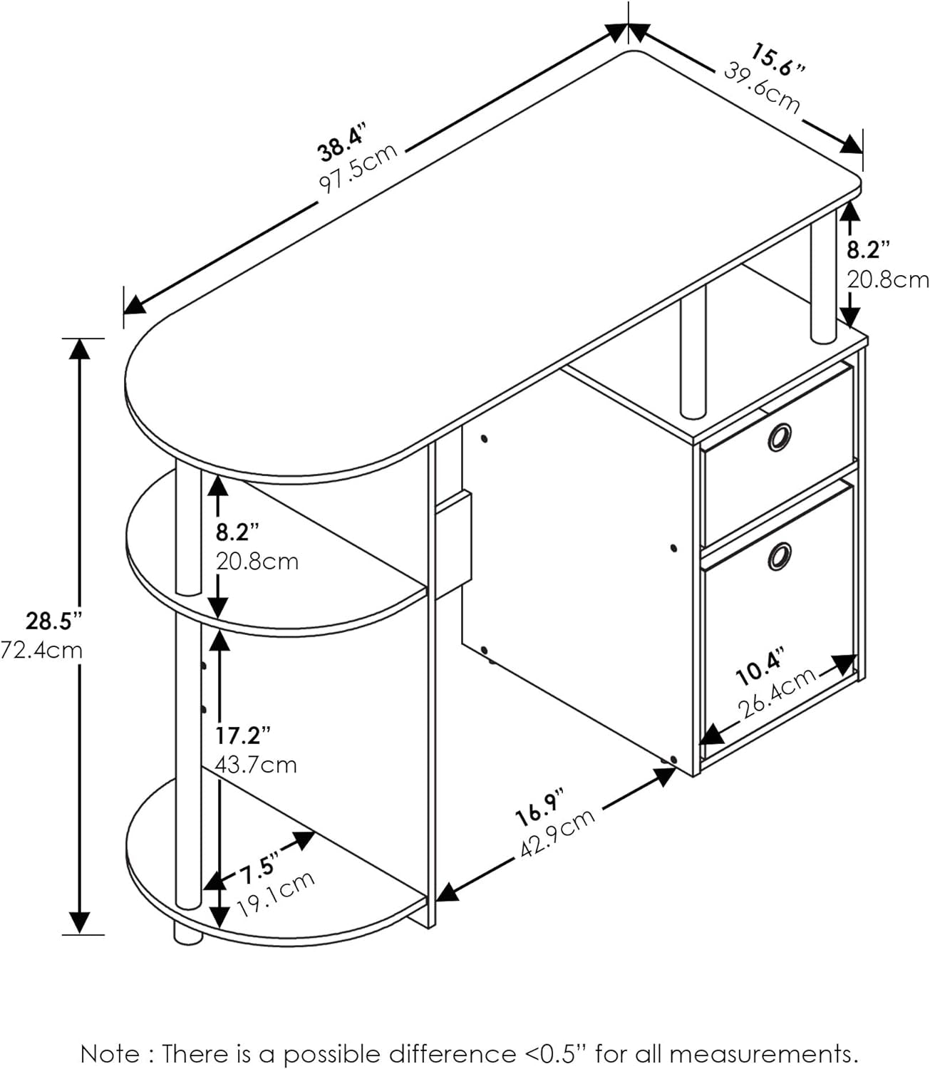 Simplistic Computer Desk White Oak With Storage isometric diagram showing built-in side shelf and storage drawers.