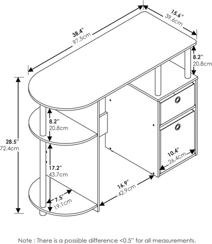 Simplistic Computer Desk White Oak With Storage isometric diagram showing built-in side shelf and storage drawers.