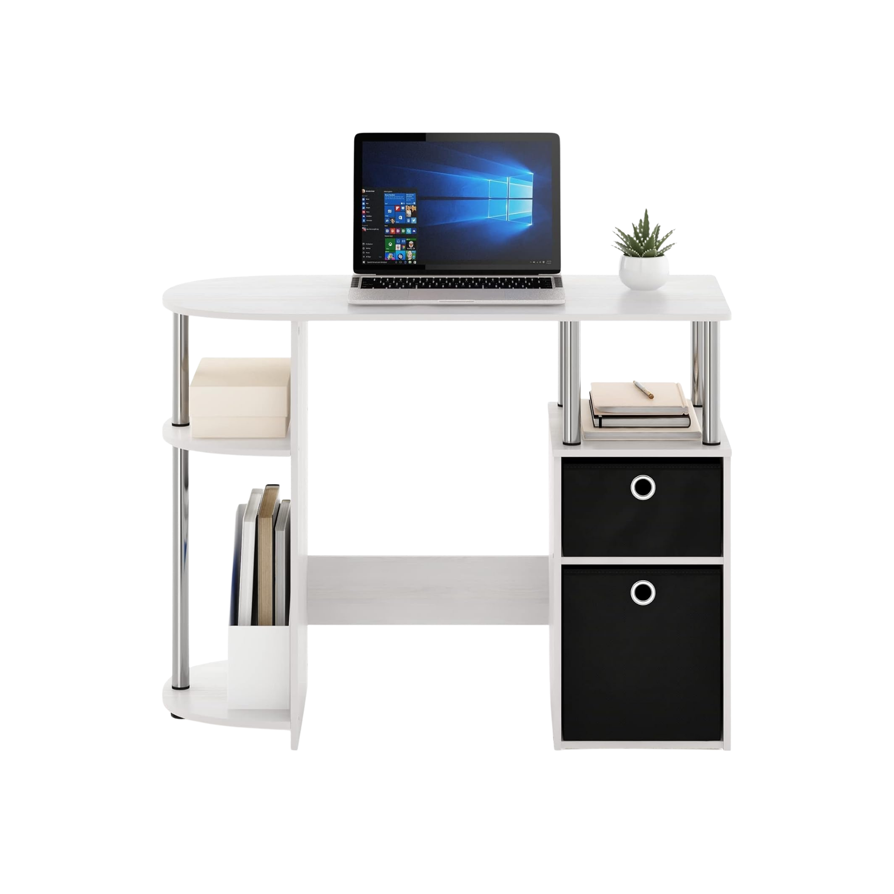 Simplistic Computer Desk White Oak With Storage white desk, laptop, plant, shelves, two black fabric storage bins.