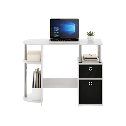 Simplistic Computer Desk White Oak With Storage white desk, laptop, plant, shelves, two black fabric storage bins.