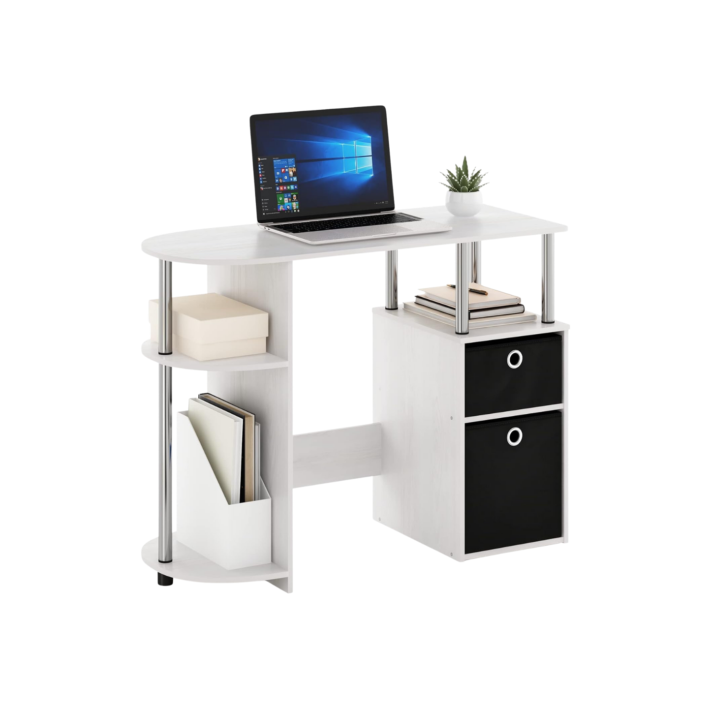 Simplistic Computer Desk White Oak with Storage, built-in side shelf and two non-woven bins.