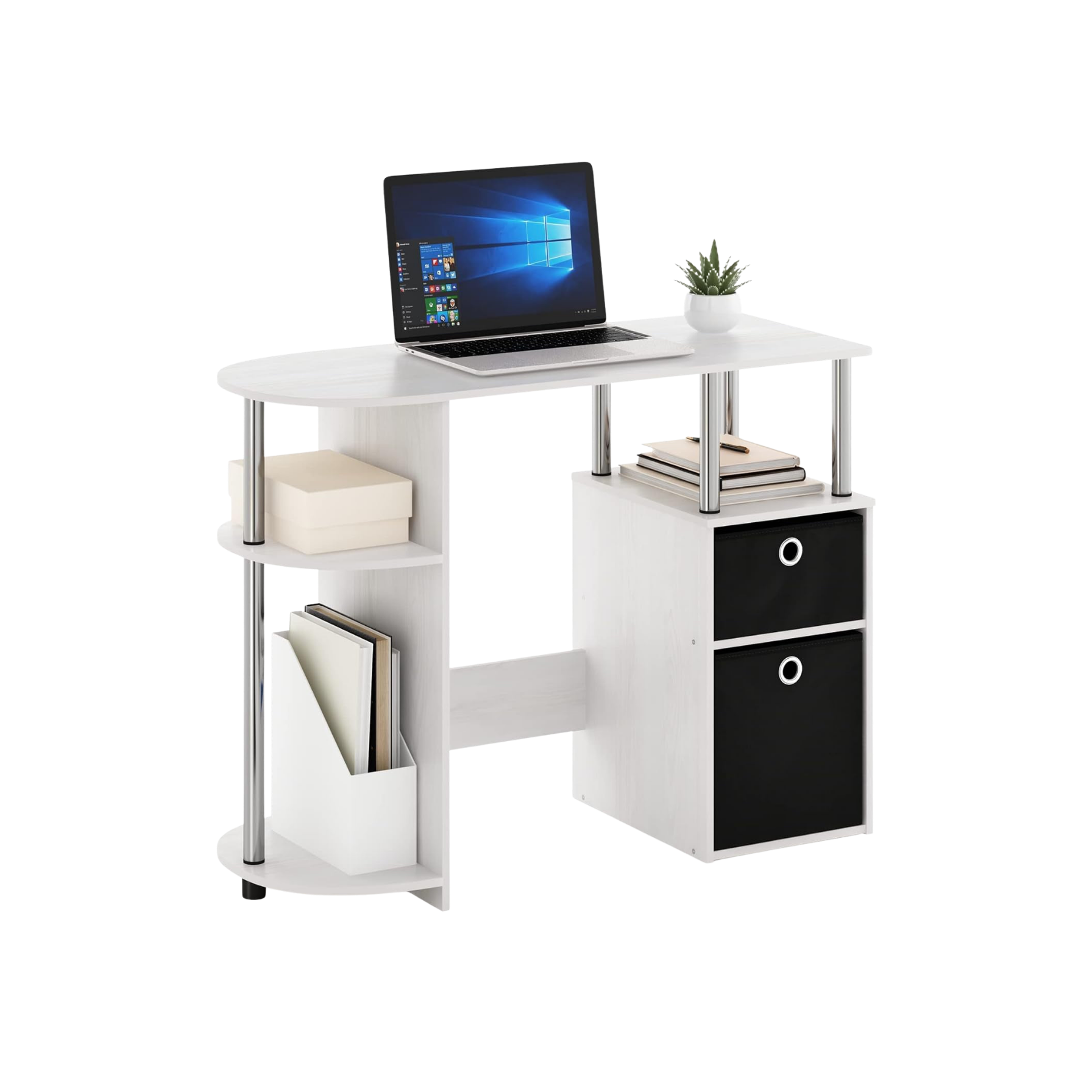 Simplistic Computer Desk White Oak with Storage, built-in side shelf and two non-woven bins.