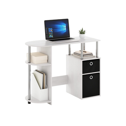 Simplistic Computer Desk White Oak with Storage, built-in side shelf and two non-woven bins.