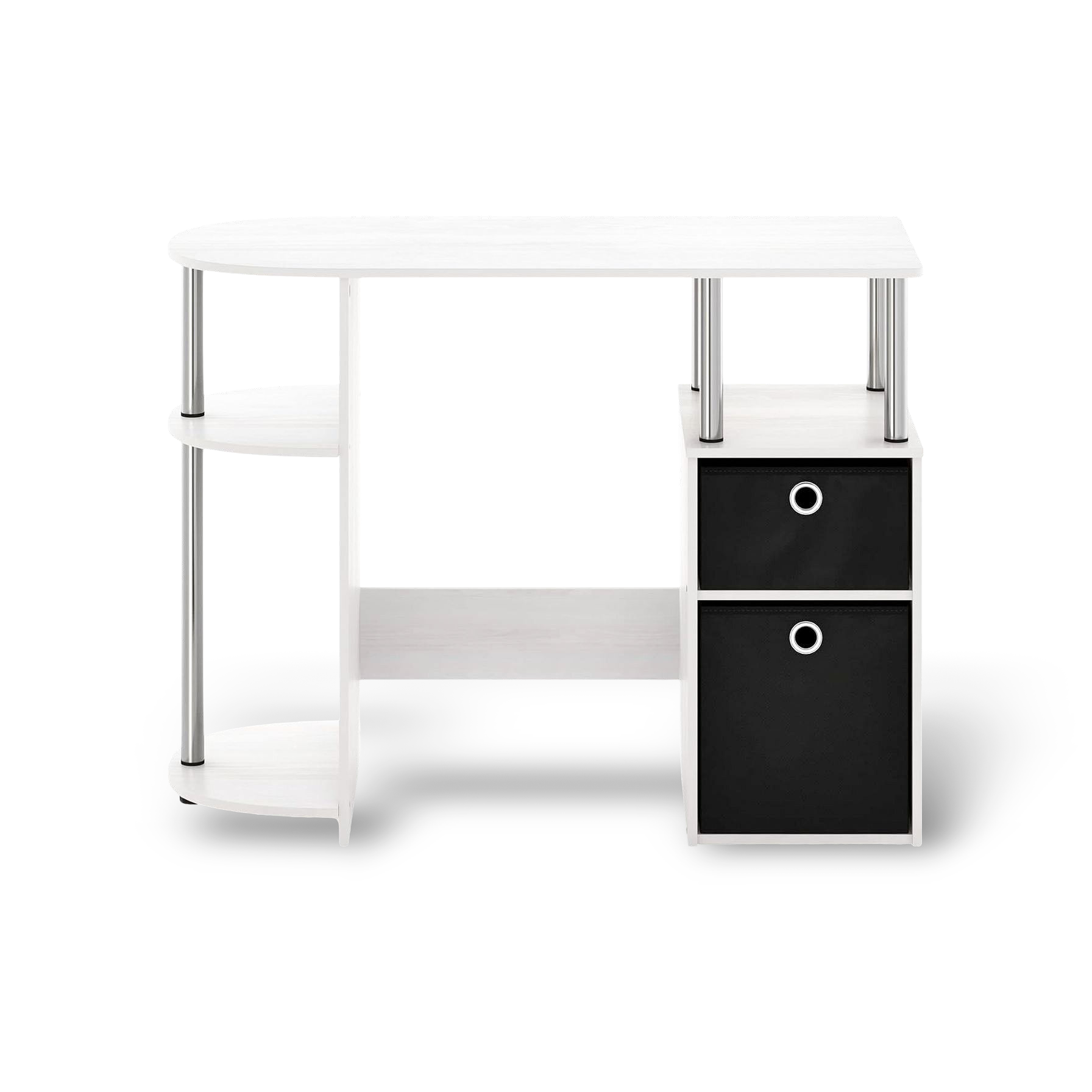Simplistic Computer Desk in white oak with storage, side shelf and two black fabric bins.