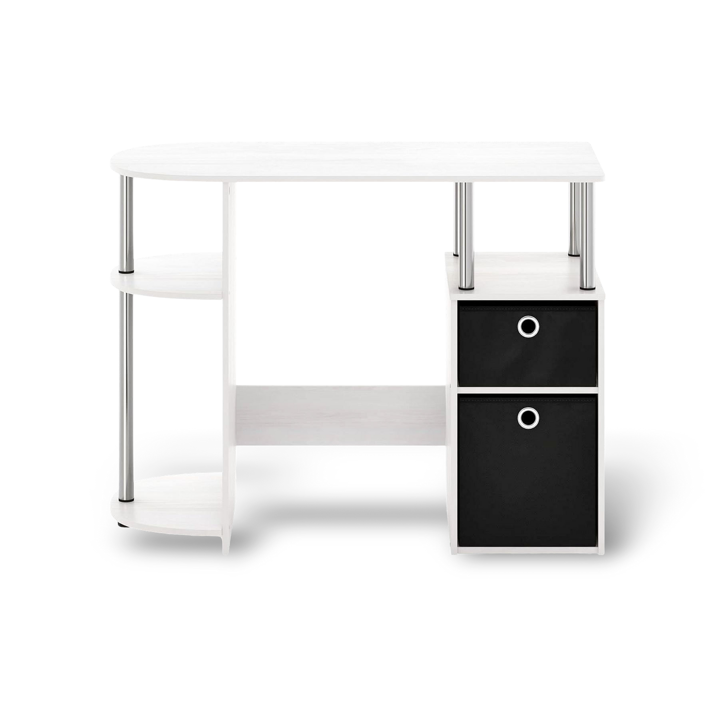 Simplistic Computer Desk in white oak with storage, side shelf and two black fabric bins.