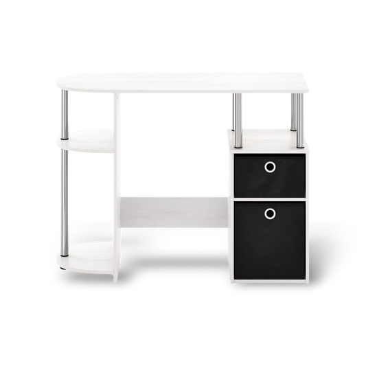 Simplistic Computer Desk in white oak with storage, side shelf and two black fabric bins.