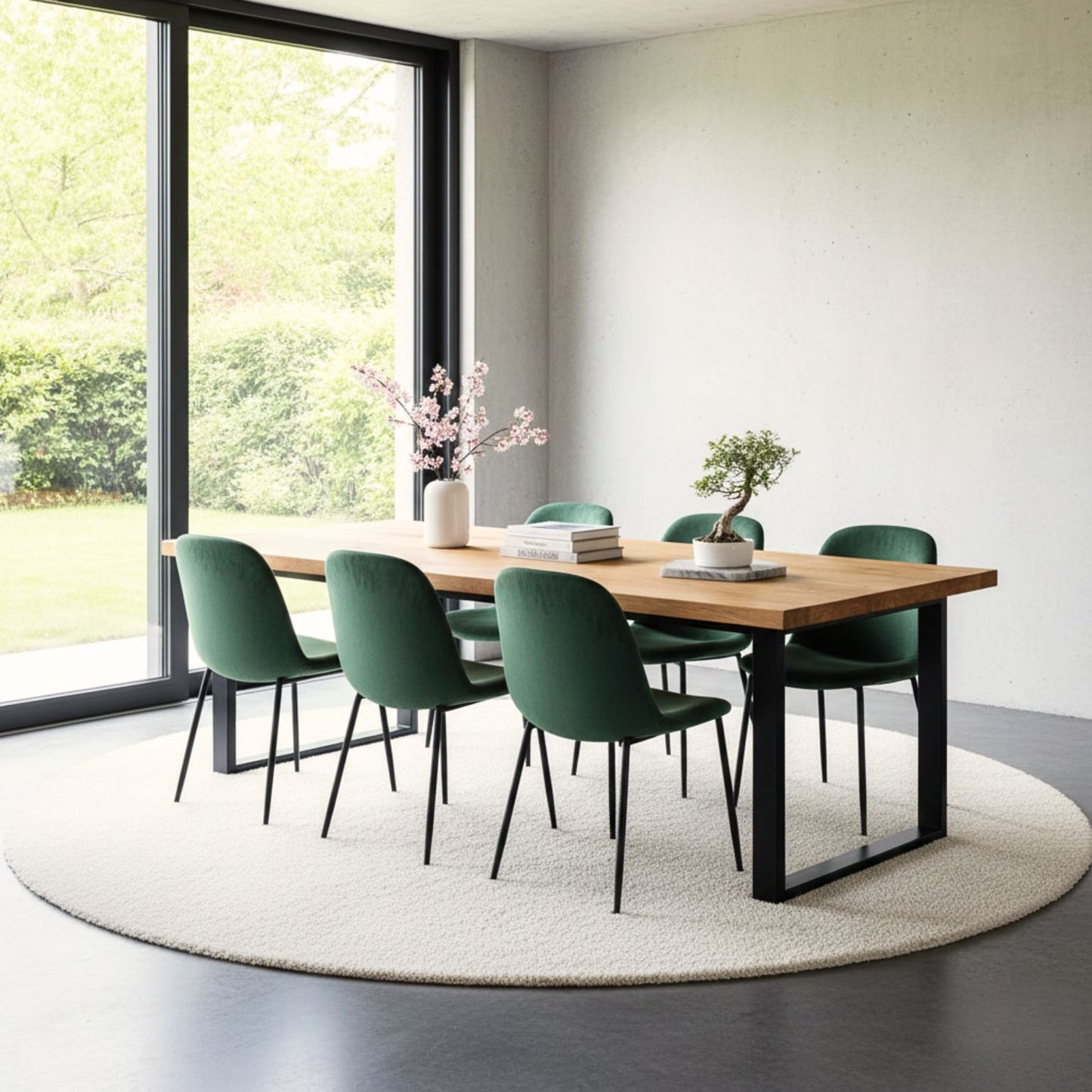 Six-seat acacia wood dining table with black iron legs and green upholstered chairs in a modern indoor setting.