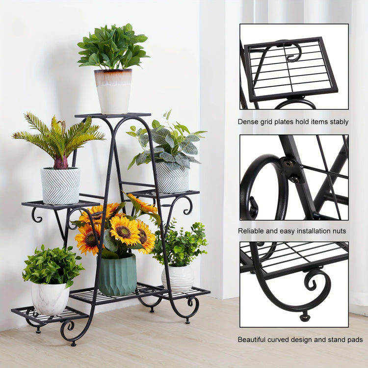 Six-tier black metal plant rack with curved legs, showcasing potted plants in a space-saving garden display.