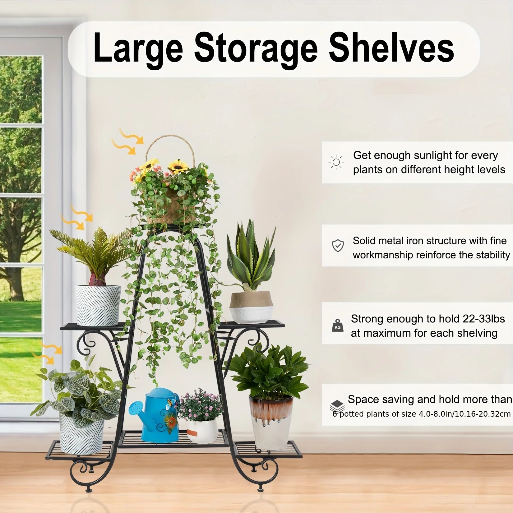 Six-tier black metal plant rack with pots and trailing greenery, ideal space-saving vertical garden.