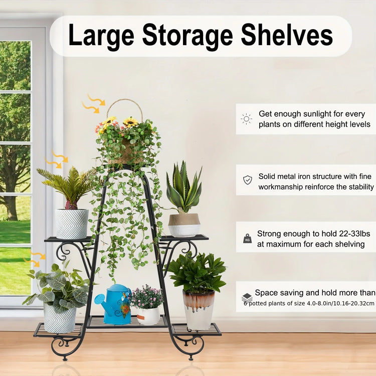 Six-tier black metal plant rack with pots and trailing greenery, ideal space-saving vertical garden.