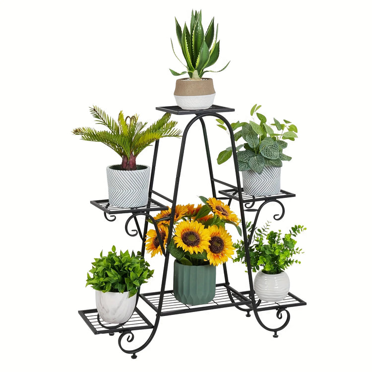 Six-tier black metal plant rack with potted plants, space-saving vertical garden display.