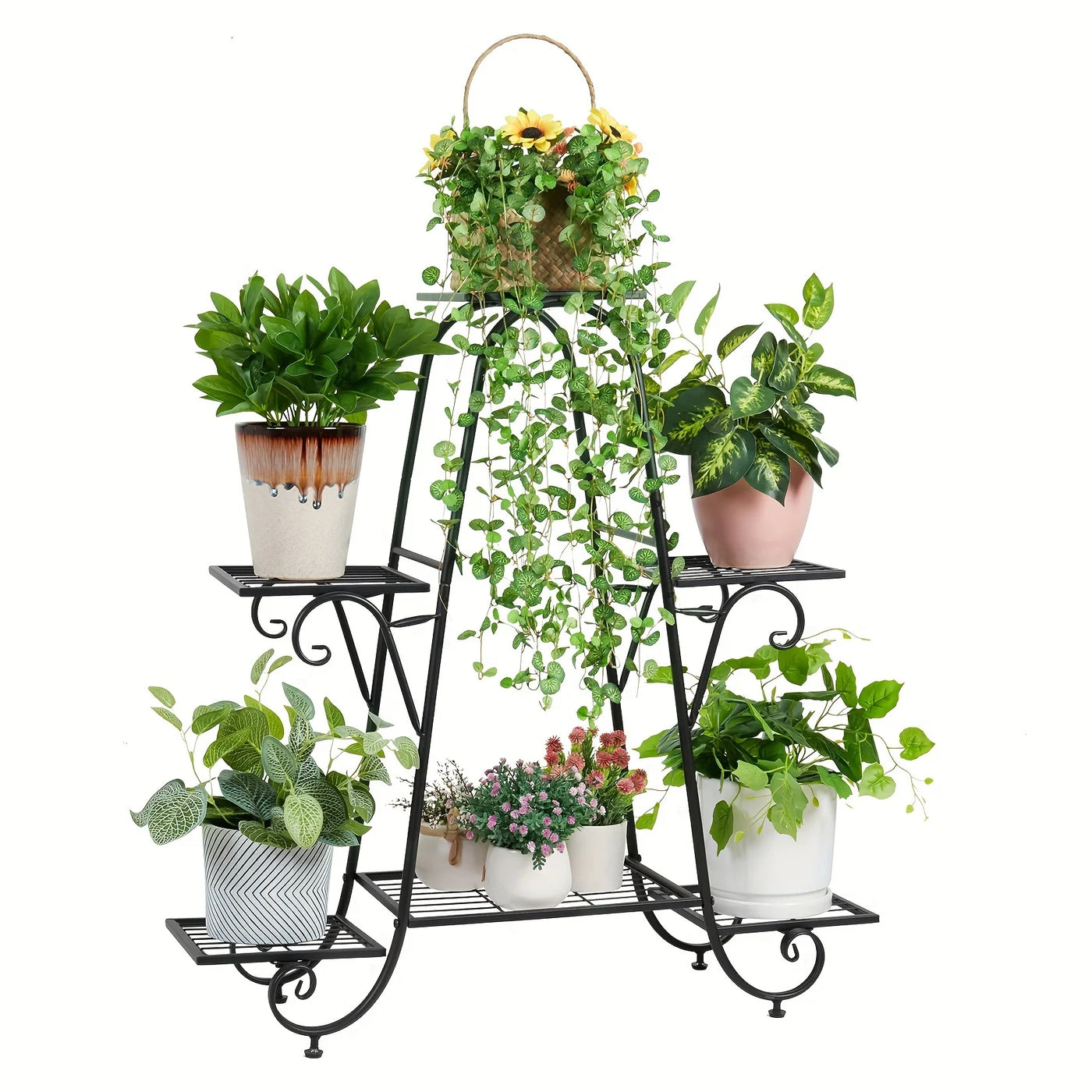 Six-tier black metal plant stand for space-saving garden display with hanging basket and potted plants