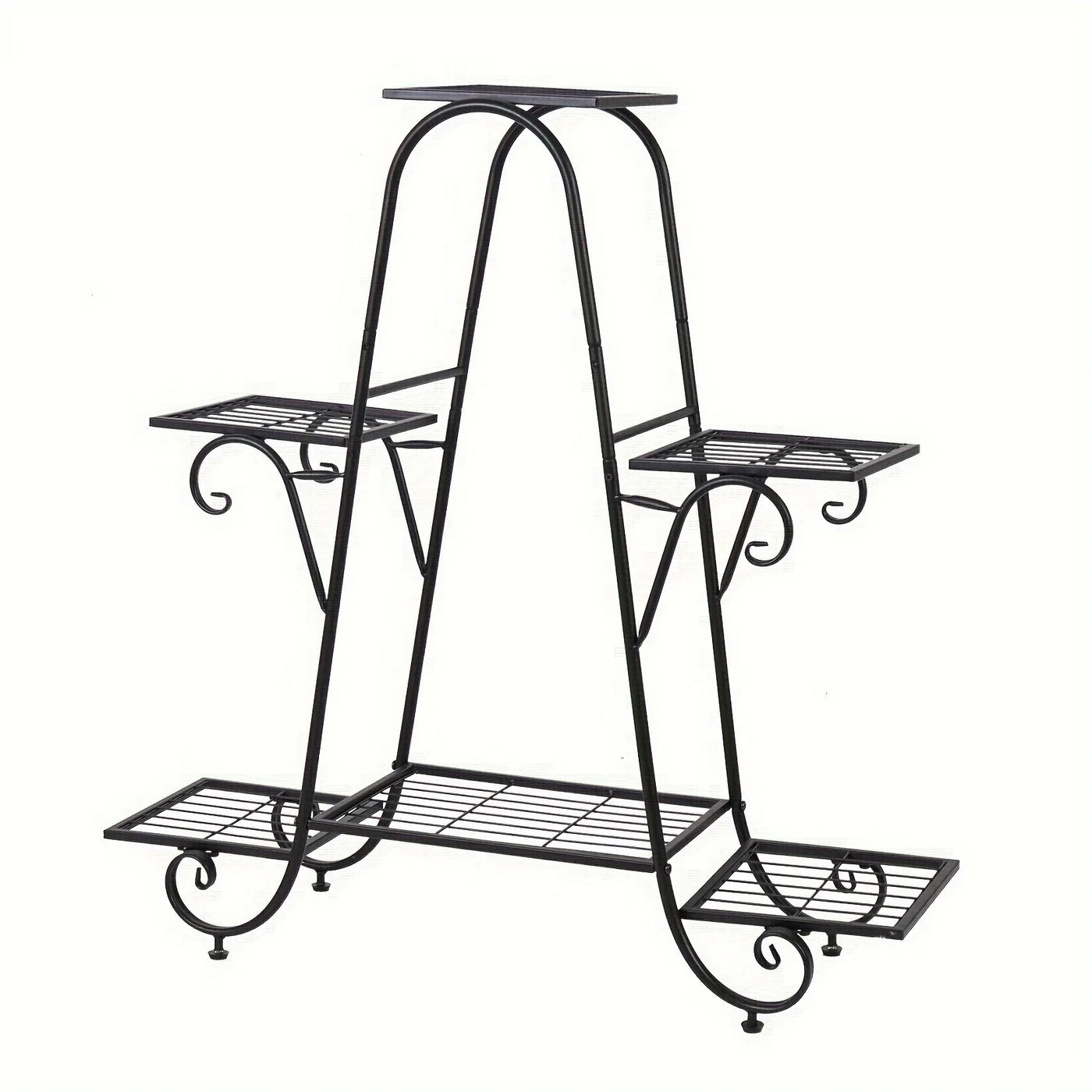 Six-tier black metal plant stand with curved legs and multiple shelves for flower pots.