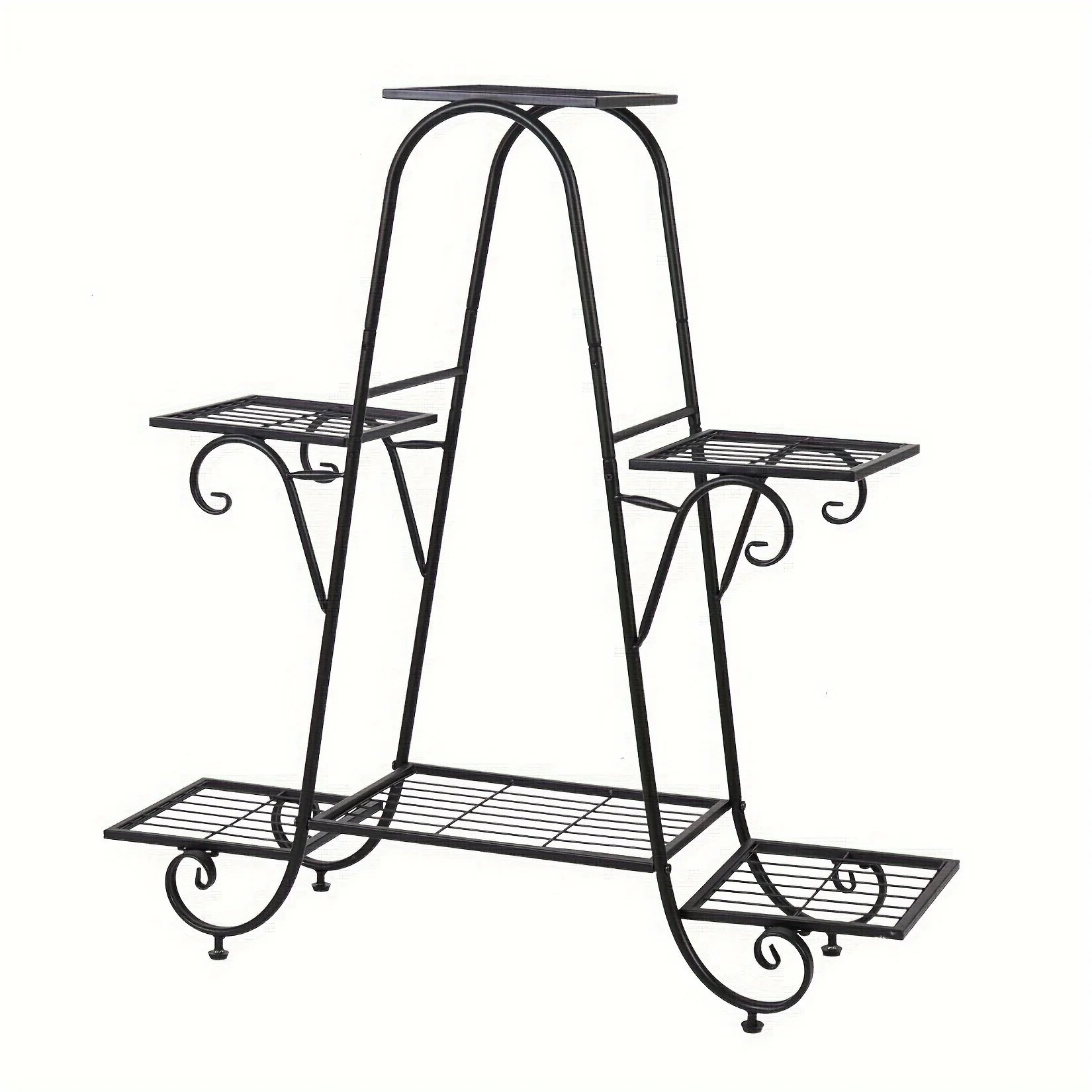 Six-tier black metal plant stand with curved legs and multiple shelves for flower pots.