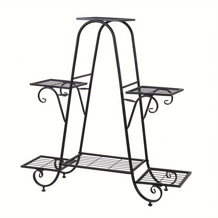 Six-tier black metal plant stand with curved legs and multiple shelves for flower pots.