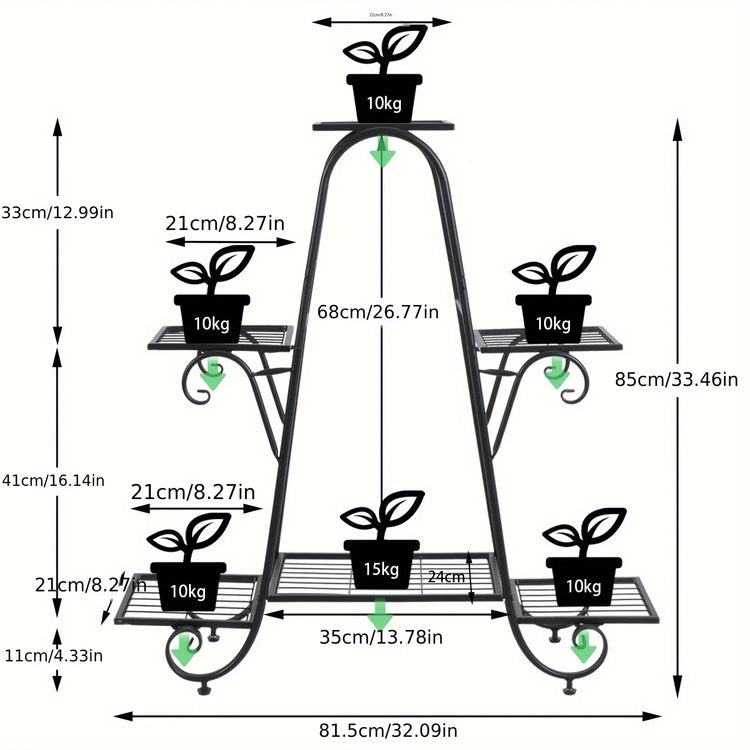 Six-tier black metal plant stand with multiple shelves for pots, space-saving vertical garden display