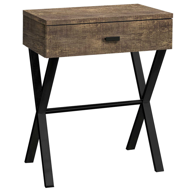 Sleek brown black taupe finish accent table with chrome metal accents and angled black X-frame legs.