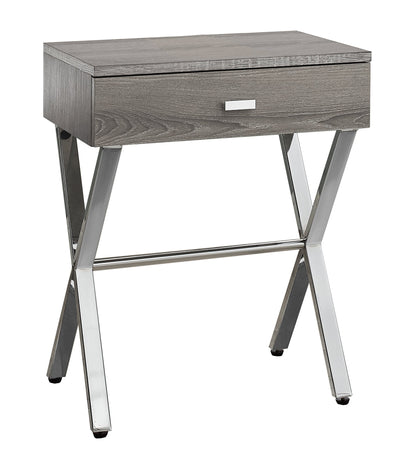 Sleek dark taupe accent table with chrome metal legs and a single drawer (plain studio)