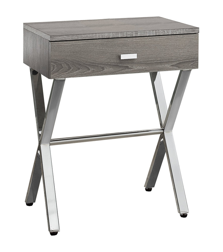 Sleek dark taupe accent table with chrome metal legs and a single drawer.