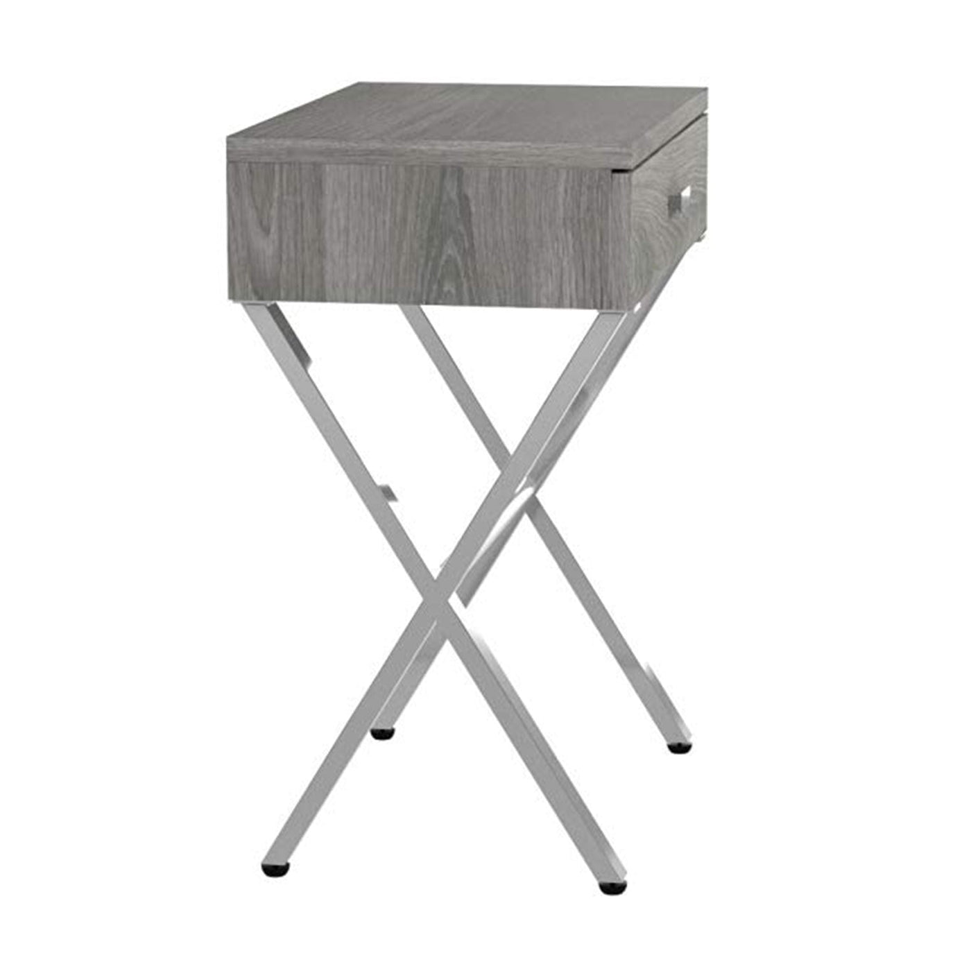 Sleek dark taupe finish table with chrome metal accents and X-frame legs, with a small drawer.