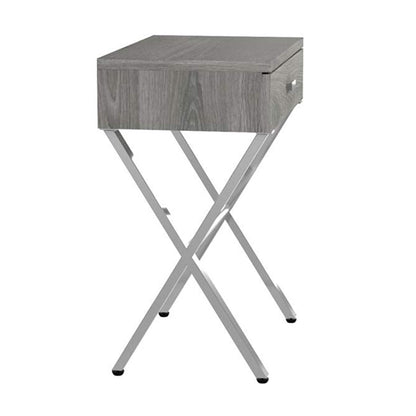 Sleek dark taupe finish table with chrome metal accents and X-frame legs, with a small drawer (plain studio)