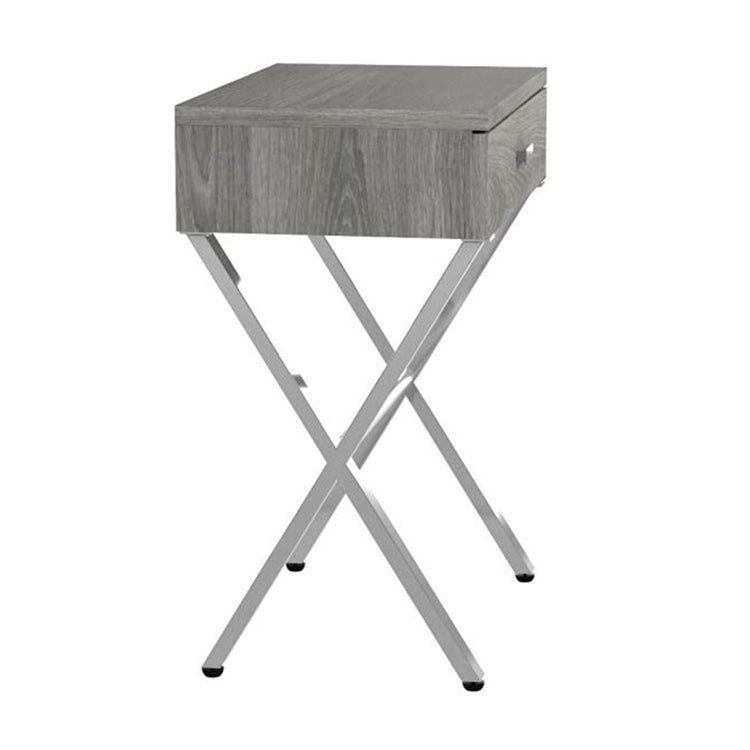 Sleek dark taupe finish table with chrome metal accents and X-frame legs, with a small drawer.