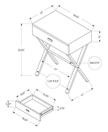 Sleek dark taupe finish table with chrome metal accents and a drawer, a compact accent for seating areas.