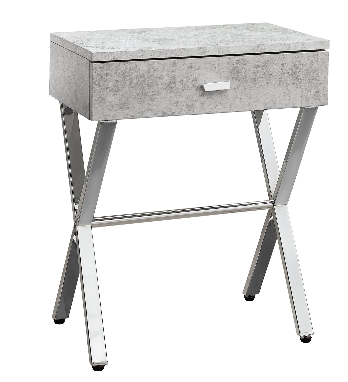 Sleek grey taupe finish accent table with chrome angled legs and a single drawer.