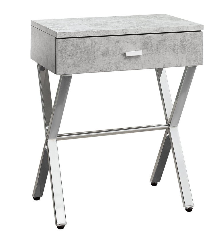 Sleek grey taupe finish accent table with chrome angled legs and a single drawer.
