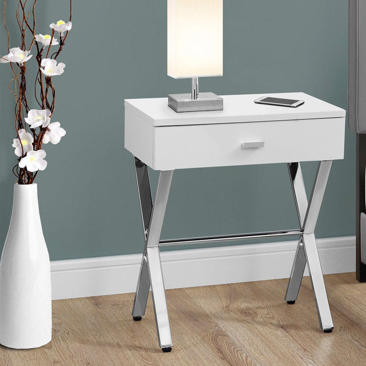 Sleek white Finish and Chrome Metal Accent Table with single drawer and chrome X-frame legs.