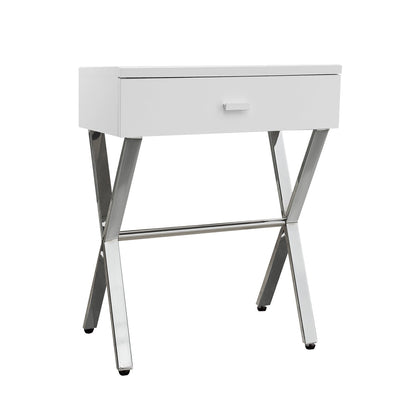 Sleek white Taupe Finish and Chrome Metal Accent Table beside sofa with a single drawer and angular chrome legs (plain studio)