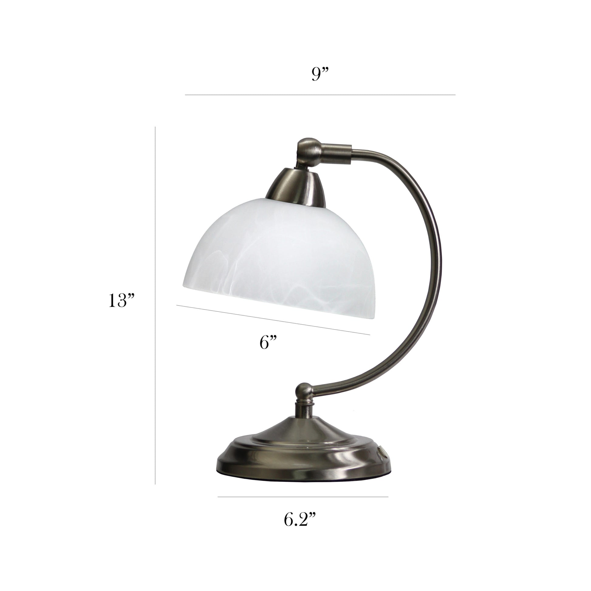 Small Lamp Desk Light With Marbleized White Glass with measurements on a white background