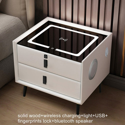 Smart Bedside Table with Wireless Charging and USB Ports; Qi nightstand with ambient light and cord organizer.