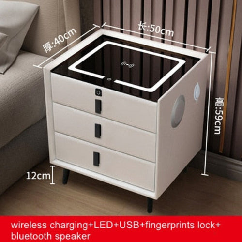 Smart Bedside Table with Wireless USB Charging Creative: 3-drawer nightstand with Qi charger, USB ports, ambient LED