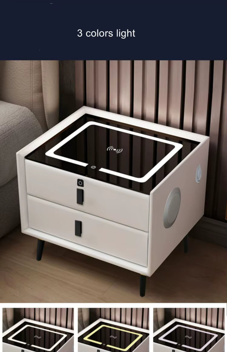 Smart Bedside Table with Wireless USB Charging Creative; Qi wireless charging pad, USB ports, ambient night light.