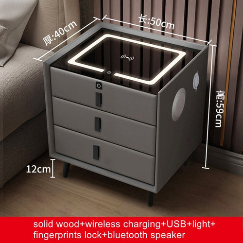 Smart bedside table with Qi wireless charging, USB ports, ambient night light, and Bluetooth speaker.