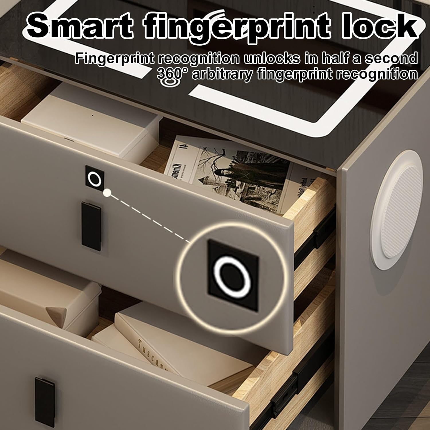 Smart bedside table with Qi wireless charging, USB ports, ambient night light, and organized drawers.