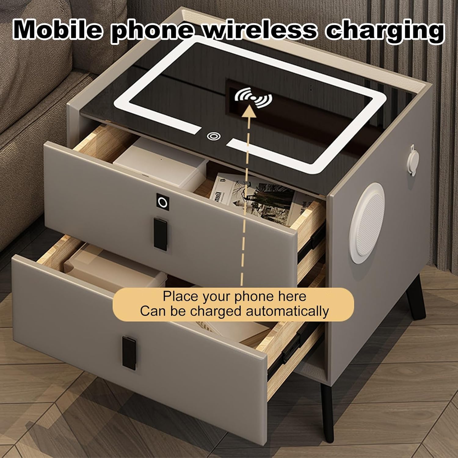 Smart bedside table with Qi wireless charging, USB ports, ambient night light, and tidy cable drawers.