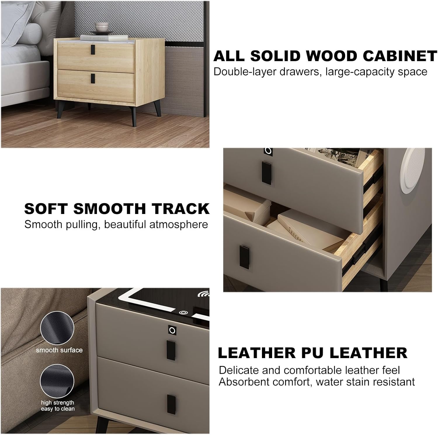 Smart bedside table with Qi wireless charging, USB ports, ambient night light, and two-drawer wood design.
