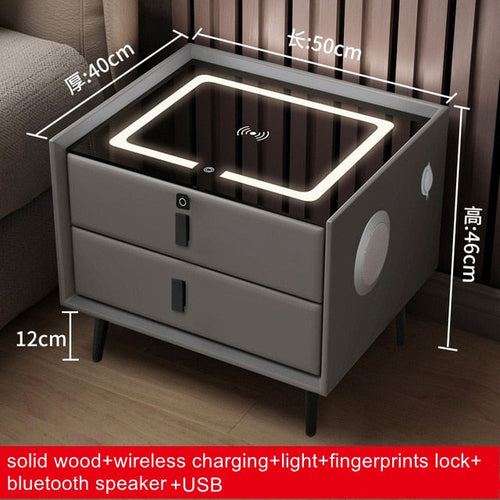 Smart bedside table with Qi wireless charging, USB ports, ambient night light, fingerprint lock.