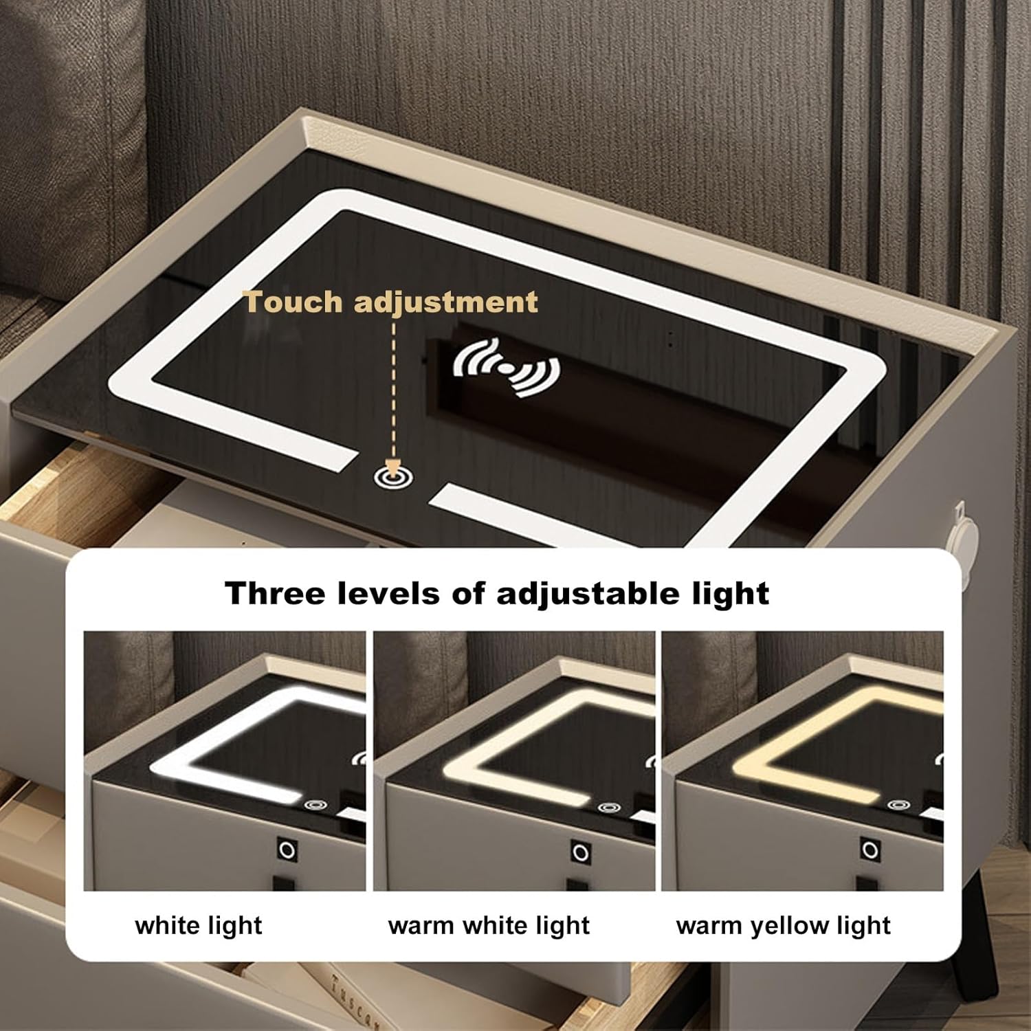 Smart bedside table with Qi wireless charging and USB ports, plus adjustable LED light (white, warm white, warm yellow)