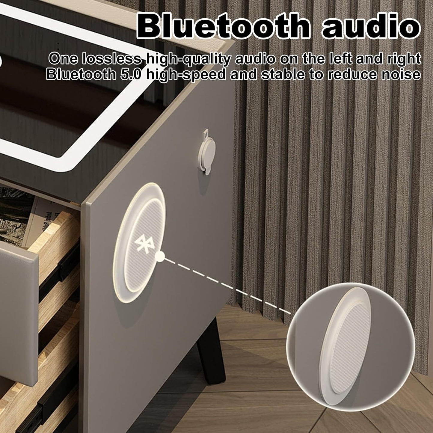 Smart bedside table with Qi wireless charging pad, USB ports, and ambient night light.
